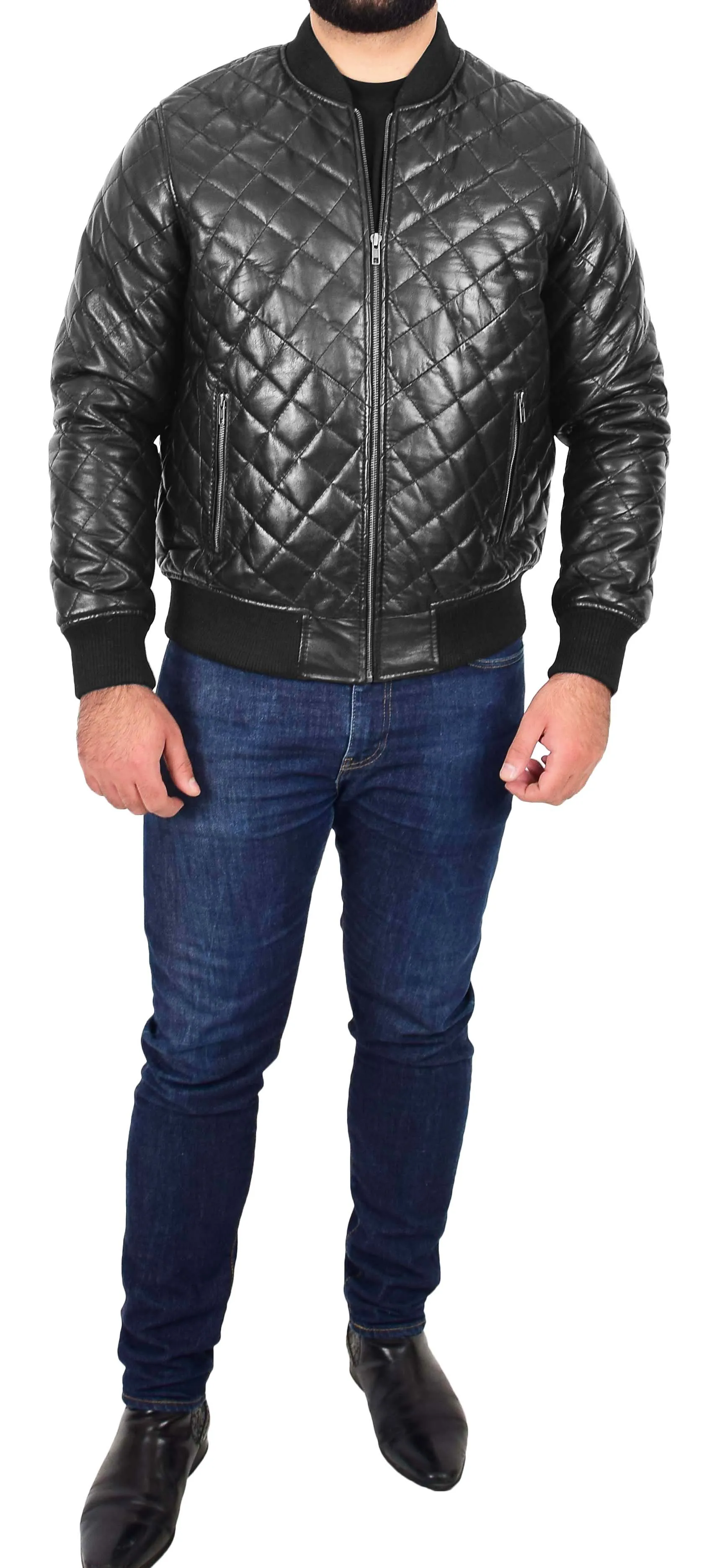 Mens Bomber Leather Jacket Black Fully Quilted Padded Fitted Varsity - Darren