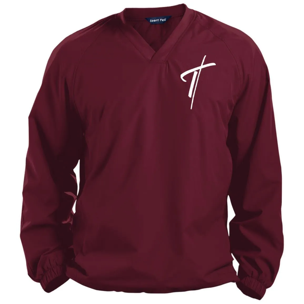 Mens V-Neck Pullover, Embroidered Cross Long Sleeve Windshirt