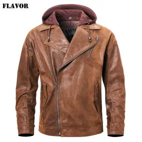 Men's Warm Leather Jacket with Removable Hood