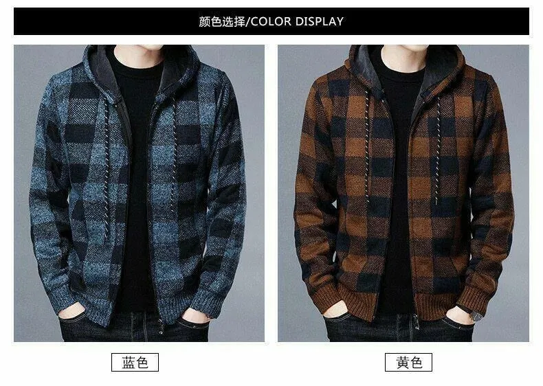 Men's Winter Casual Coat Hooded Knit Outwear Plaid Sweater Full Zipper Cardigan Jackets