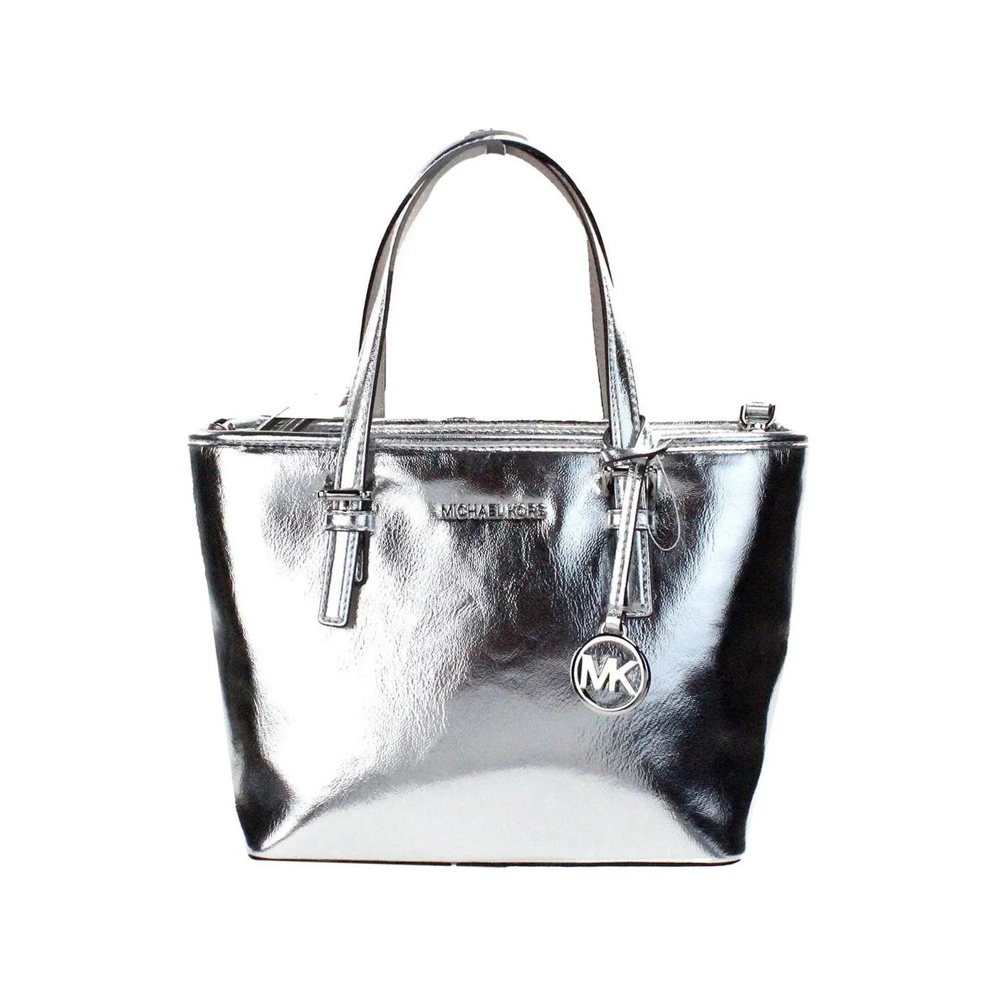 Michael Kors Jet Set Silver Metallic XS Carryall Top Zip Tote Bag Purse