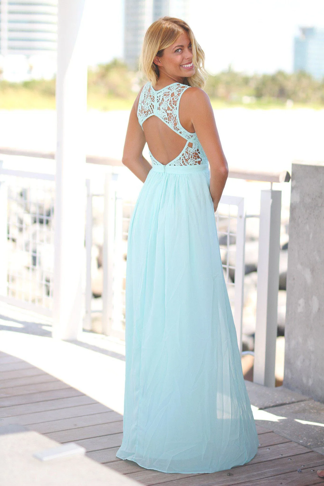 Mint Crochet Maxi Dress with Open Back