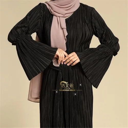 Muslim Wrinkled Pencil Skirt Pliss Maxi Dress Trumpet Sleeve Abaya Long Robes Tunic Middle East Ramadan Arab Islamic Clothing