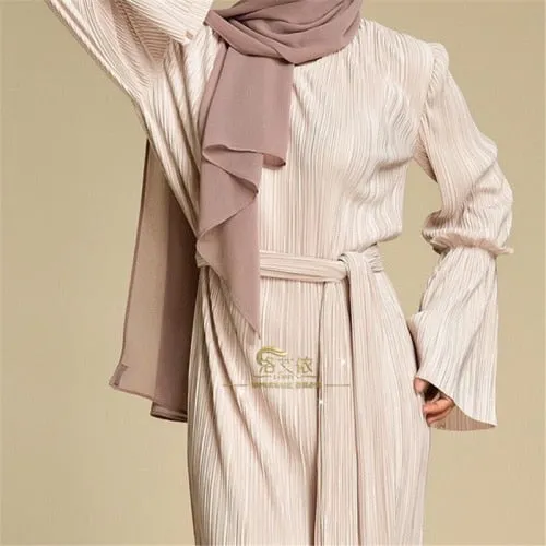 Muslim Wrinkled Pencil Skirt Pliss Maxi Dress Trumpet Sleeve Abaya Long Robes Tunic Middle East Ramadan Arab Islamic Clothing