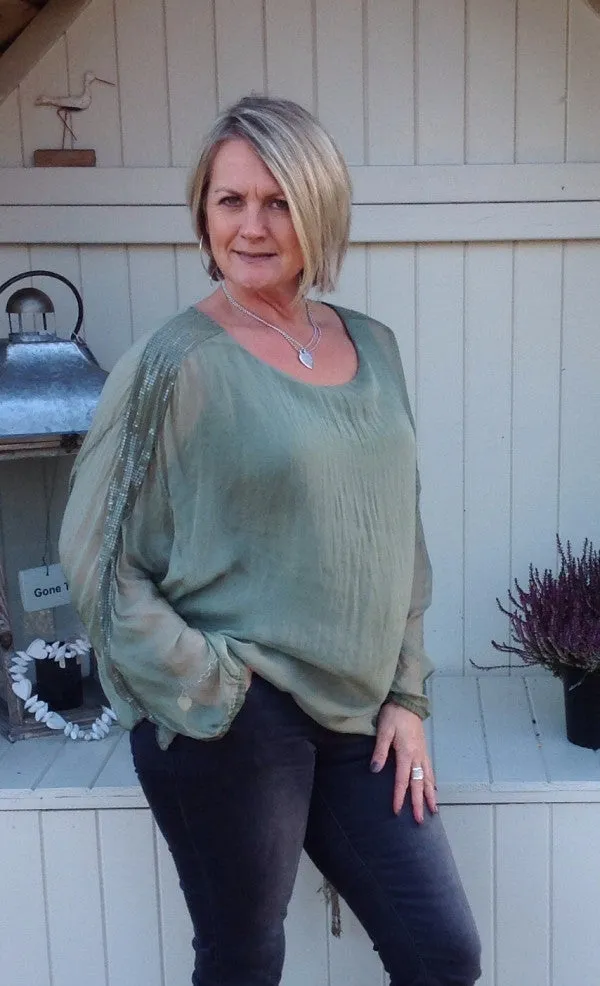 Naples Silk & Sequin Top in Green