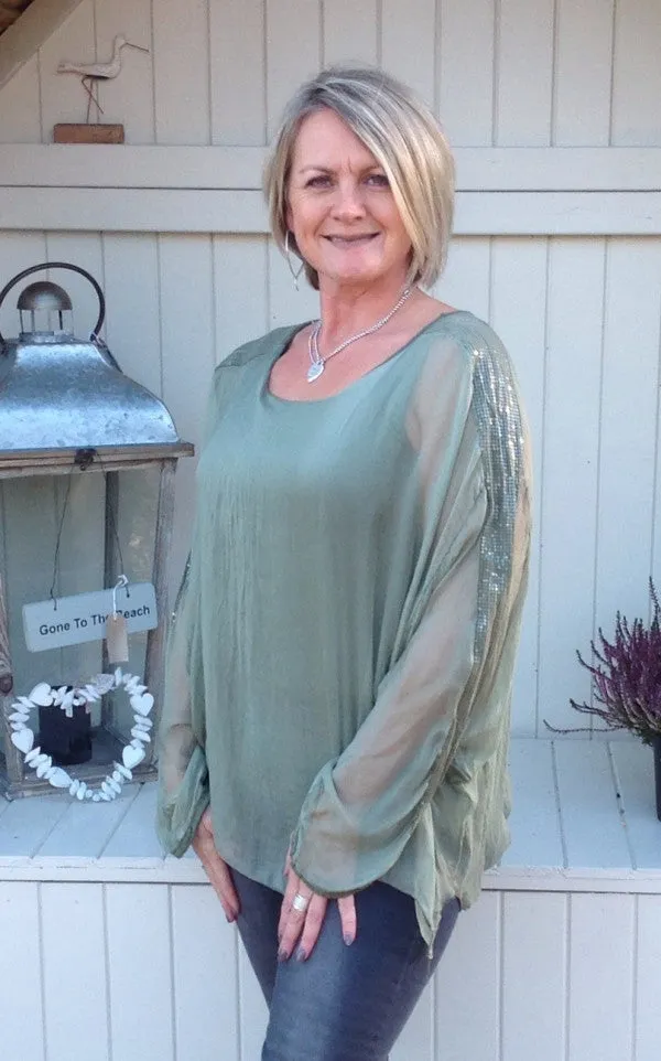 Naples Silk & Sequin Top in Green