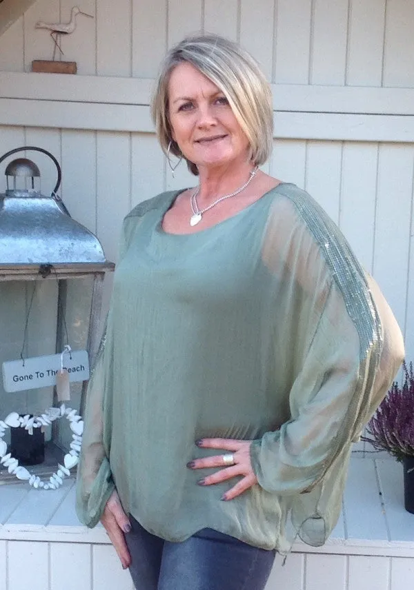 Naples Silk & Sequin Top in Green