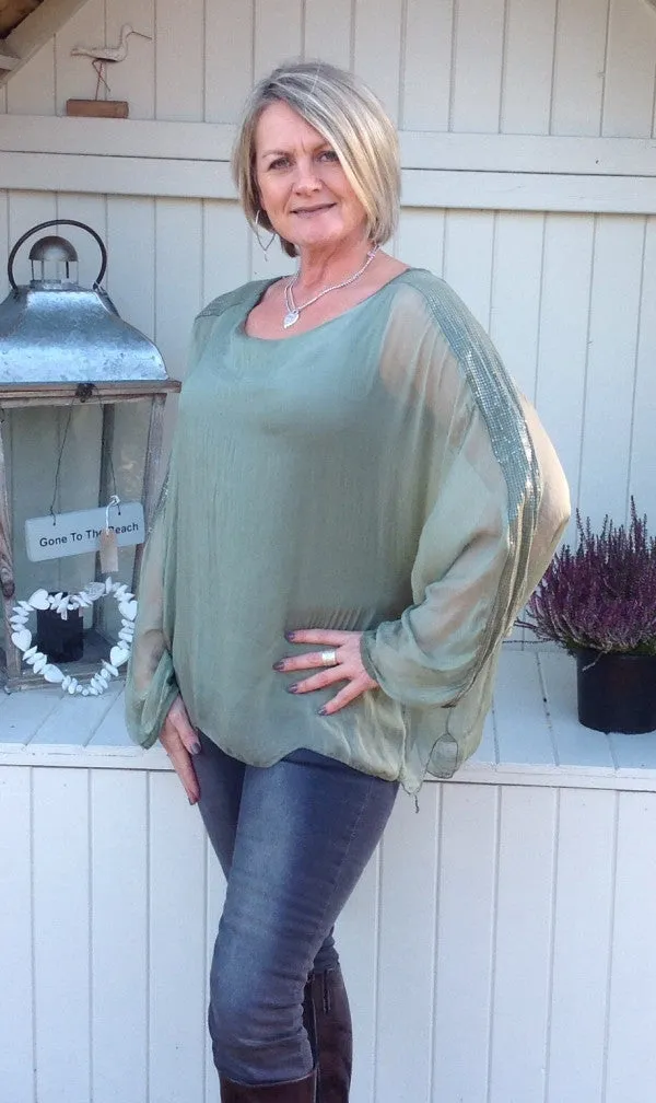 Naples Silk & Sequin Top in Green