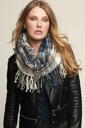 Navy & Taupe Soft Knit Plaid Infinity Tassel Fringe Womens Scarf