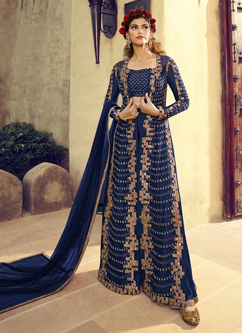 Navy Blue Indo-Western Overcoat Style Palazzo Suit