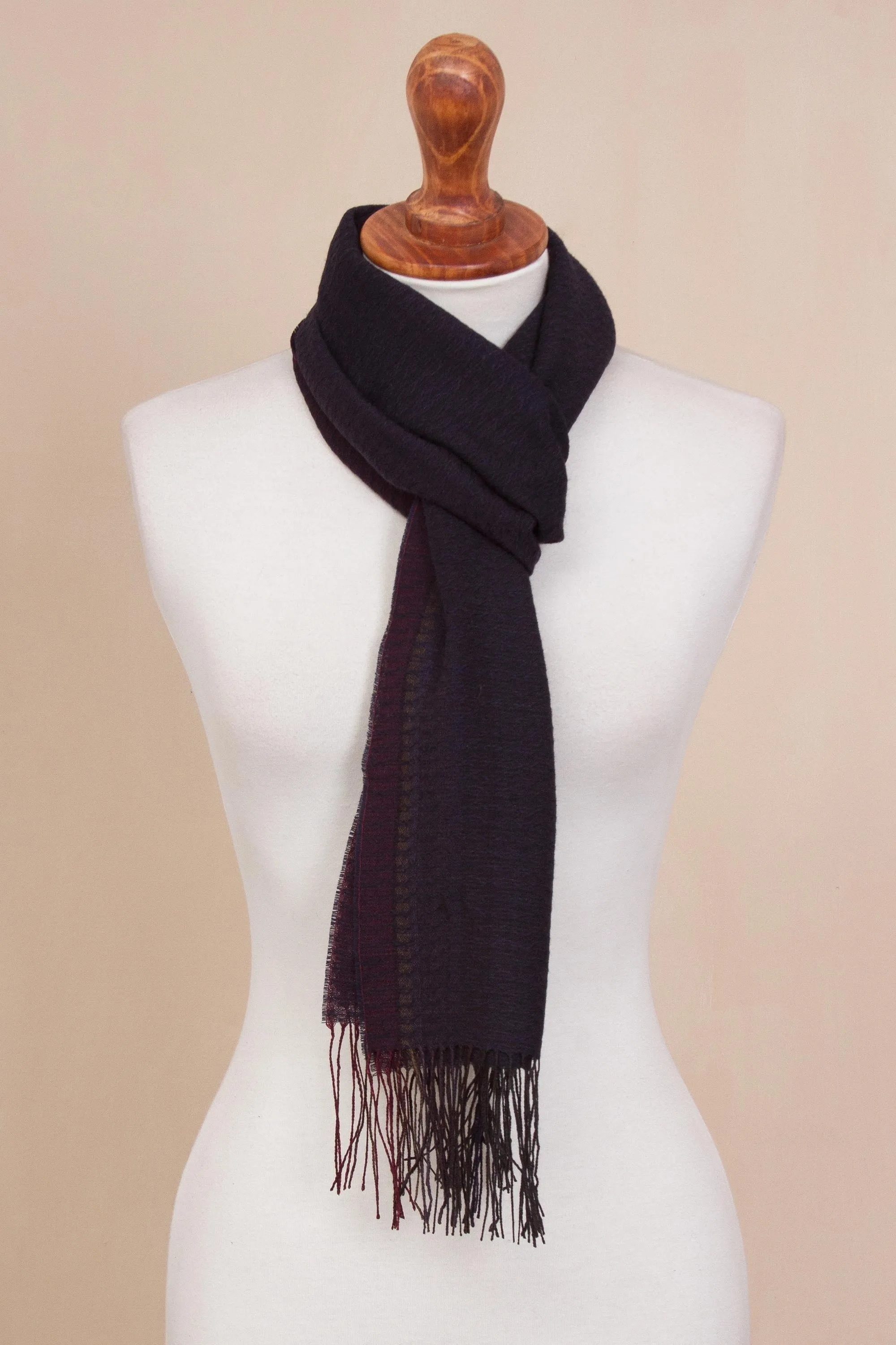 Ocean Horizon Midnight Blue and Fuchsia Stripe Textured Woven Alpaca Scarf