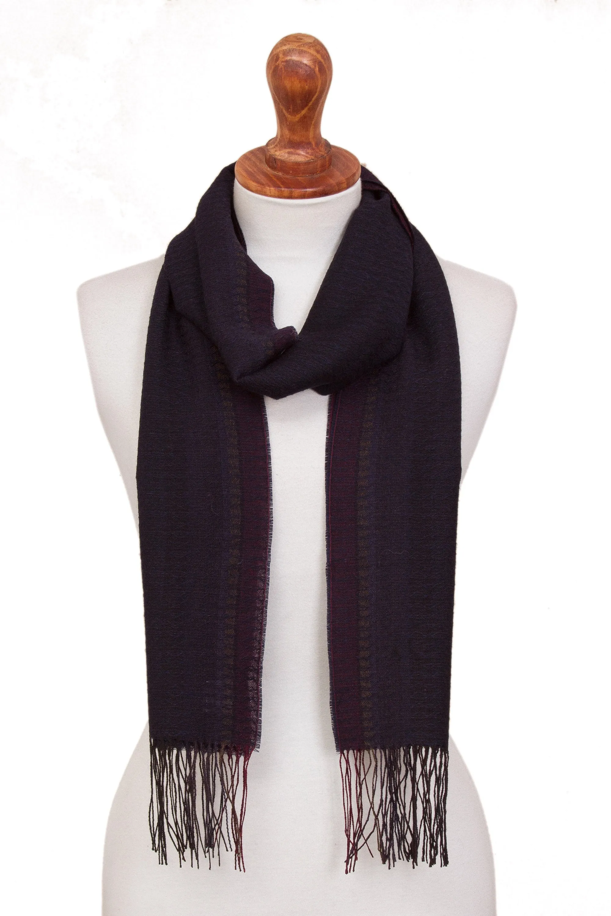 Ocean Horizon Midnight Blue and Fuchsia Stripe Textured Woven Alpaca Scarf