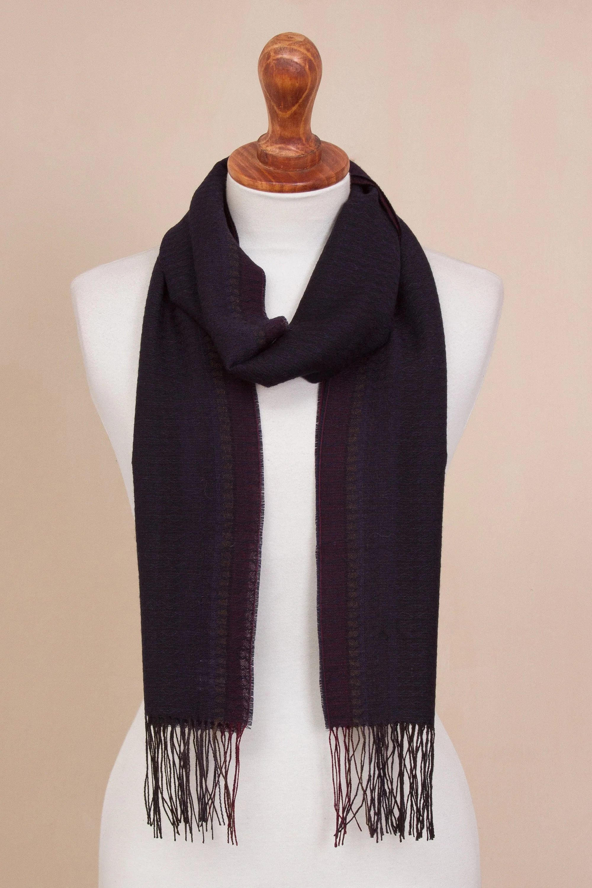 Ocean Horizon Midnight Blue and Fuchsia Stripe Textured Woven Alpaca Scarf