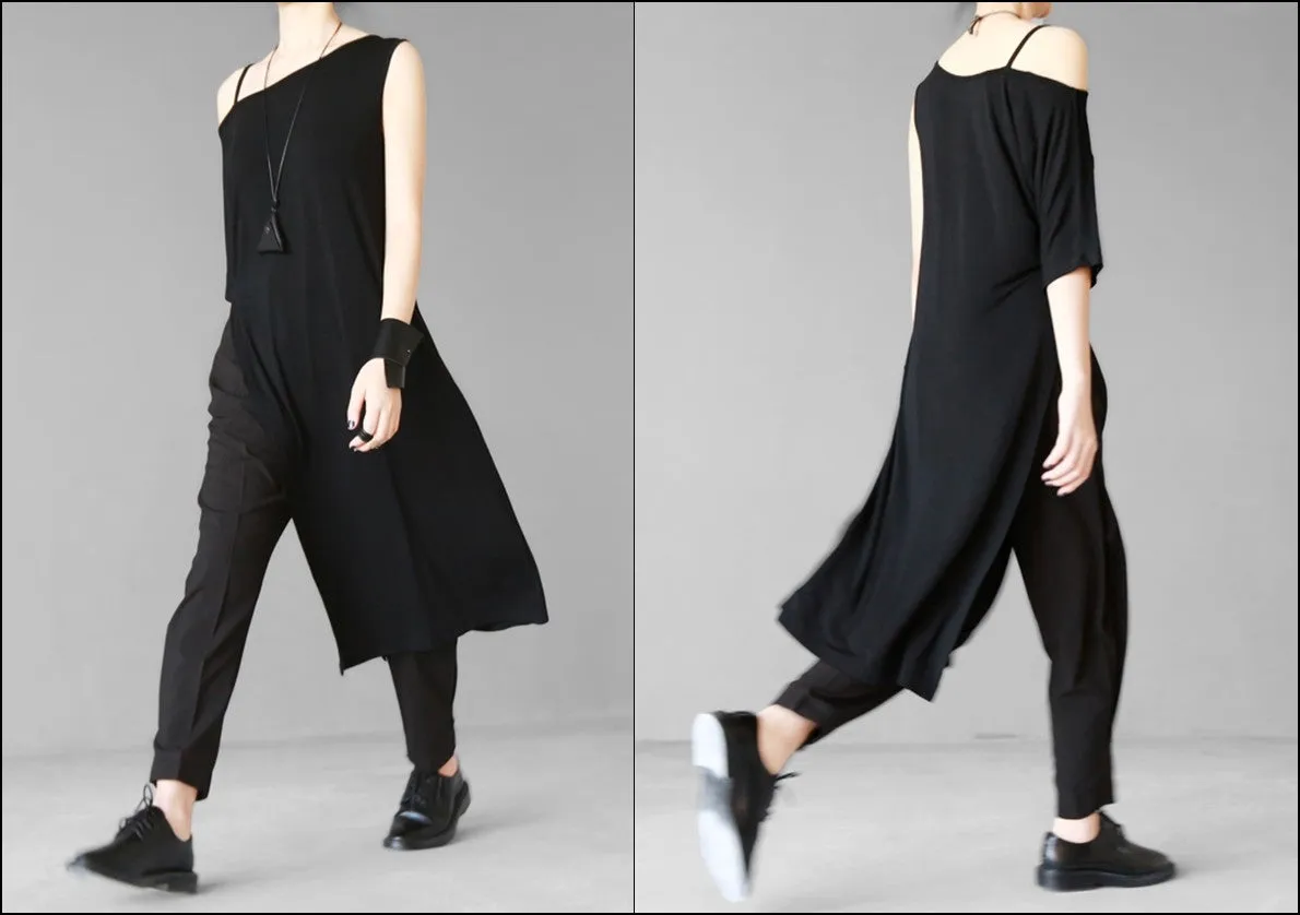 Open Shoulder Black Oversized Draped Side Big Slit Dress Tunic // One Shoulder