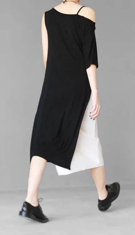 Open Shoulder Black Oversized Draped Side Big Slit Dress Tunic // One Shoulder