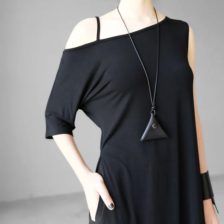 Open Shoulder Black Oversized Draped Side Big Slit Dress Tunic // One Shoulder