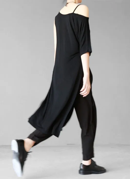 Open Shoulder Black Oversized Draped Side Big Slit Dress Tunic // One Shoulder