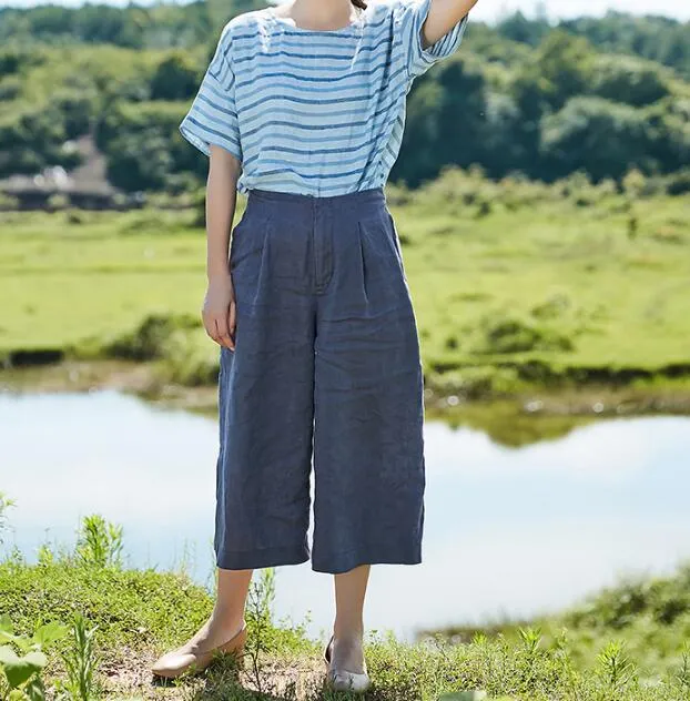 Organic Linen Summer  Women Casual Wide Leg Pants SMM97235