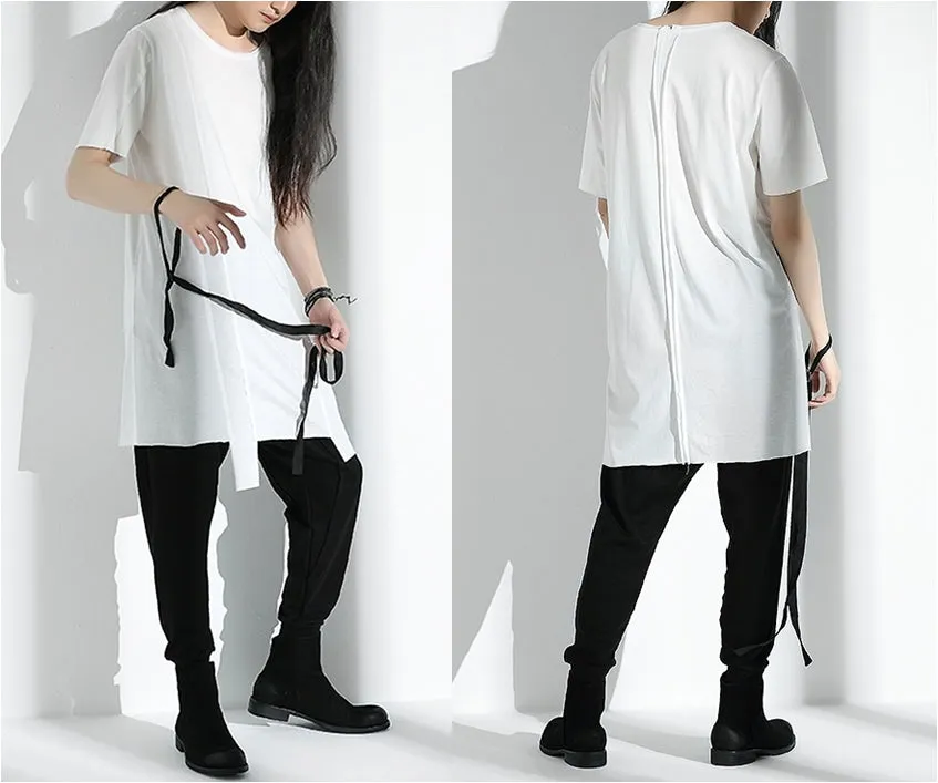 Original Japanese Designer Tide Male Loose Long Irregular Hem Short-Sleeved T-shirt / Asymmetric Cut / Deconstruction