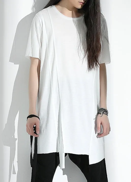 Original Japanese Designer Tide Male Loose Long Irregular Hem Short-Sleeved T-shirt / Asymmetric Cut / Deconstruction