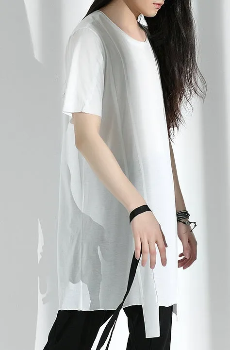 Original Japanese Designer Tide Male Loose Long Irregular Hem Short-Sleeved T-shirt / Asymmetric Cut / Deconstruction