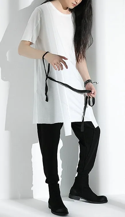 Original Japanese Designer Tide Male Loose Long Irregular Hem Short-Sleeved T-shirt / Asymmetric Cut / Deconstruction