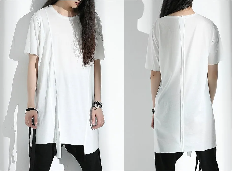 Original Japanese Designer Tide Male Loose Long Irregular Hem Short-Sleeved T-shirt / Asymmetric Cut / Deconstruction