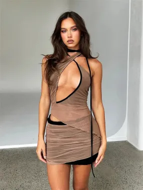 Patchwork Mesh Hollow Out Crop Top with Ruched Skirt Mini Dress