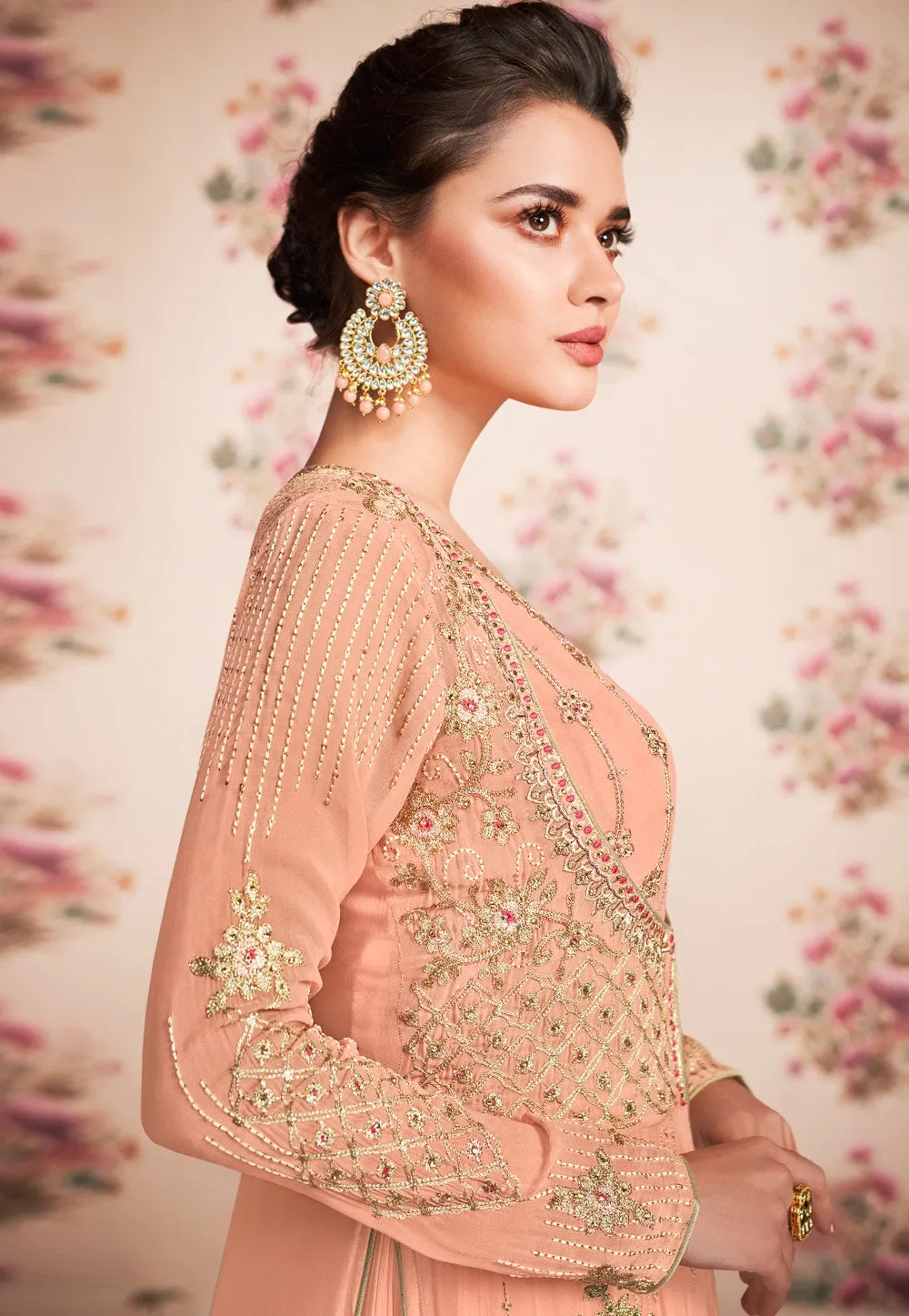 Peach Embroidered Jacket Anarkali Suit