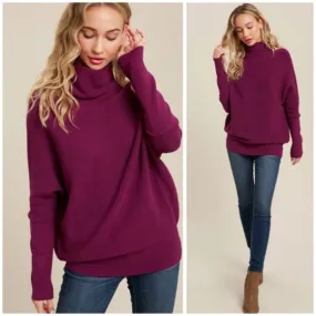 Plum Slouch Neck Dolman Knit Pullover Sweater Long Sleeve Casual Womens