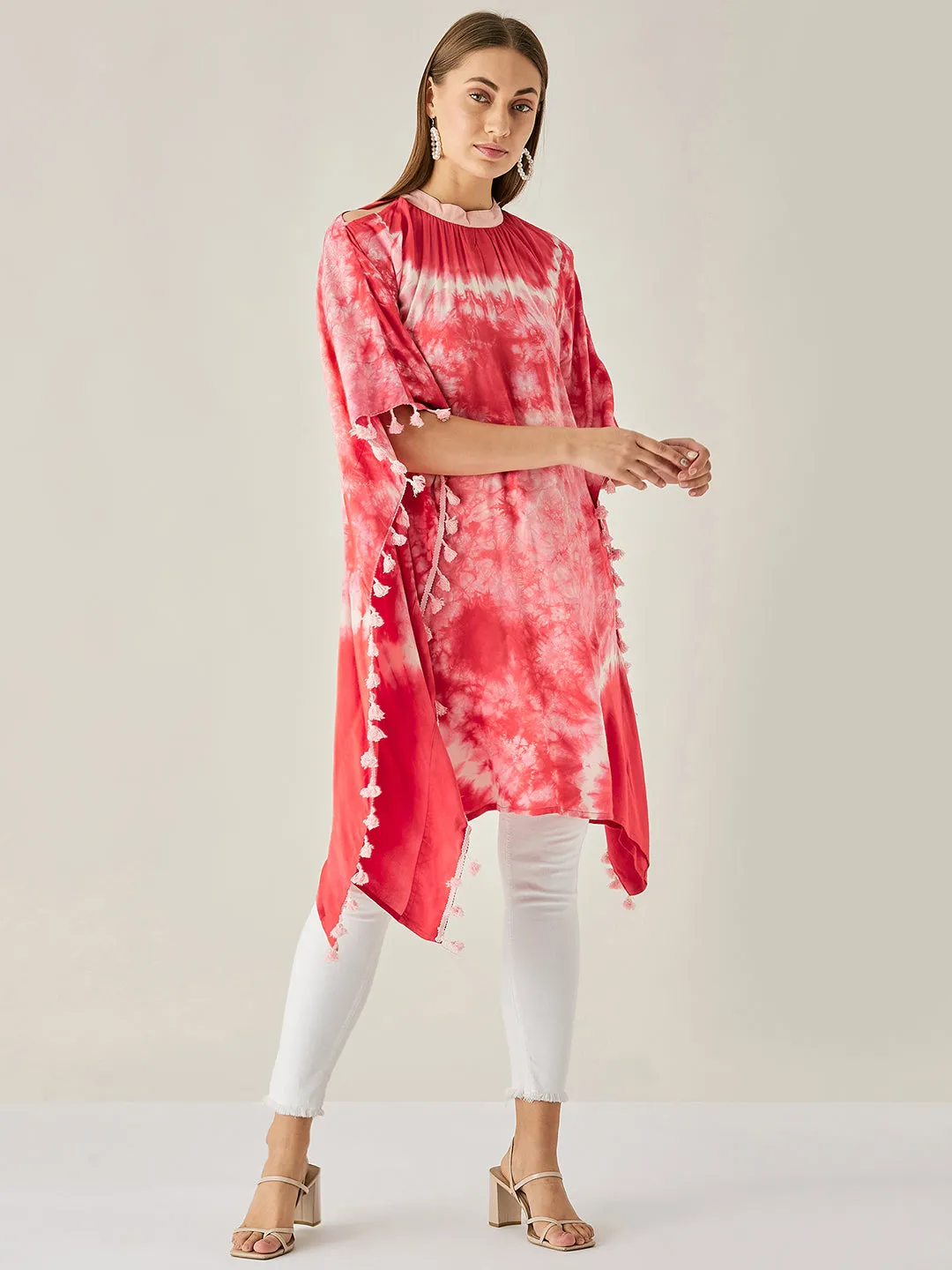 Red Tie Dye Cut Shoulder Kaftan Tunic