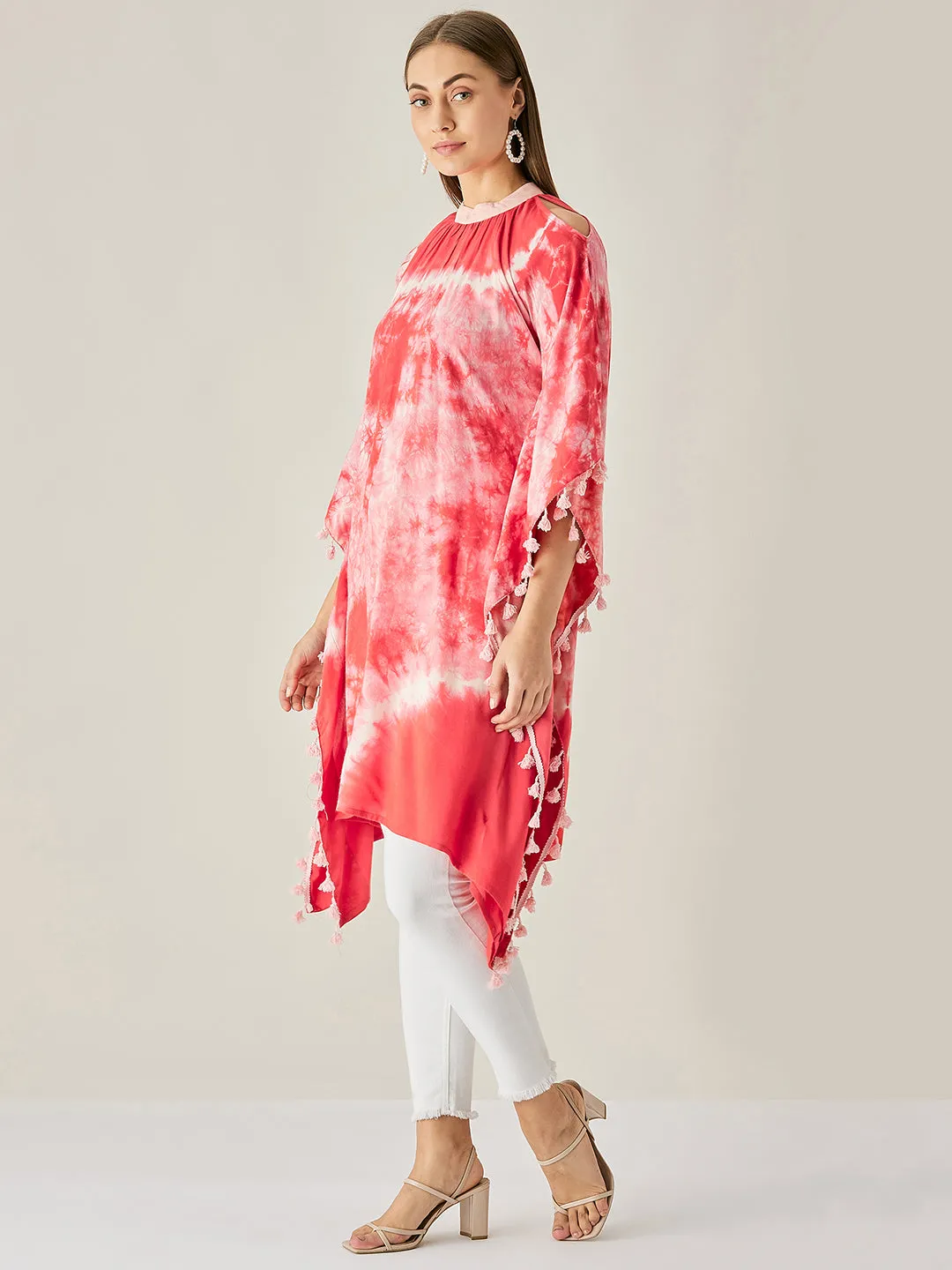 Red Tie Dye Cut Shoulder Kaftan Tunic