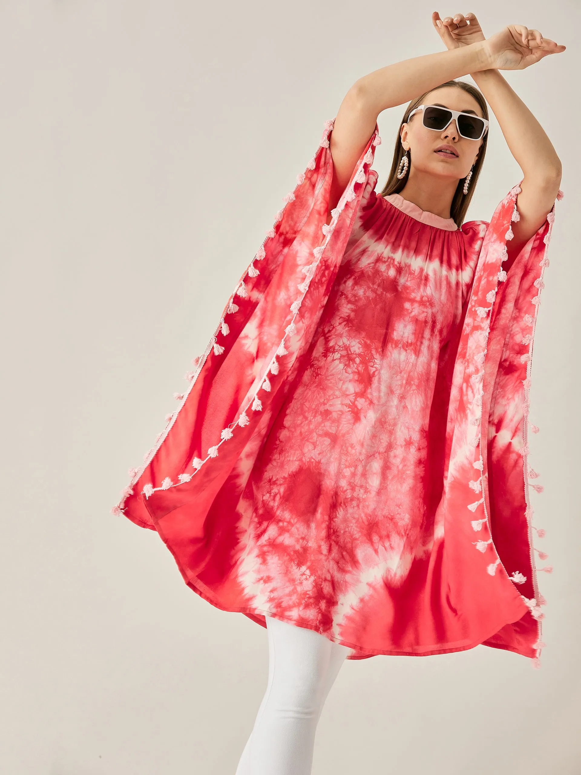 Red Tie Dye Cut Shoulder Kaftan Tunic