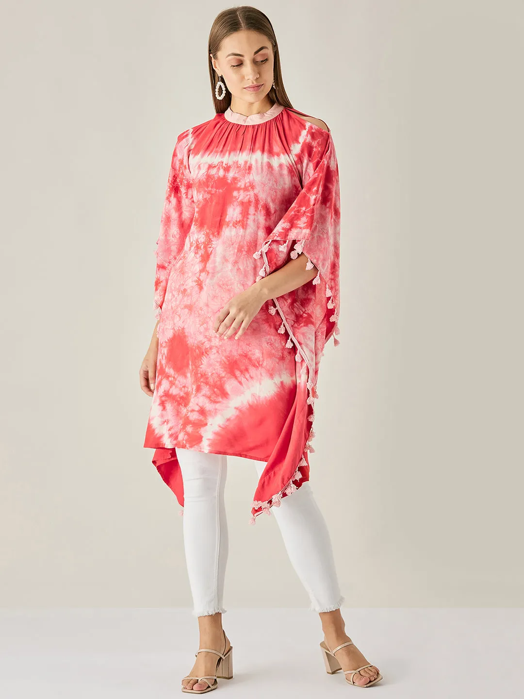 Red Tie Dye Cut Shoulder Kaftan Tunic