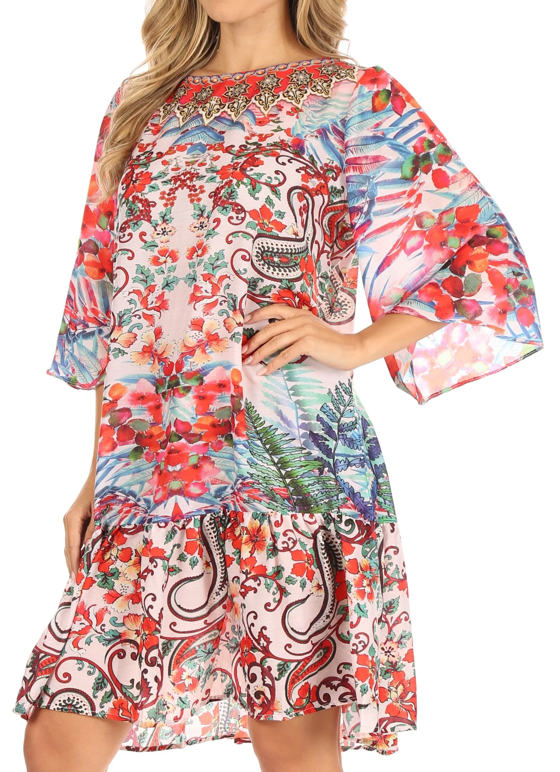 Sakkas Dona Women's Casual Swing 3/4 Sleeve Floral Print Boho Cocktail Midi Dress