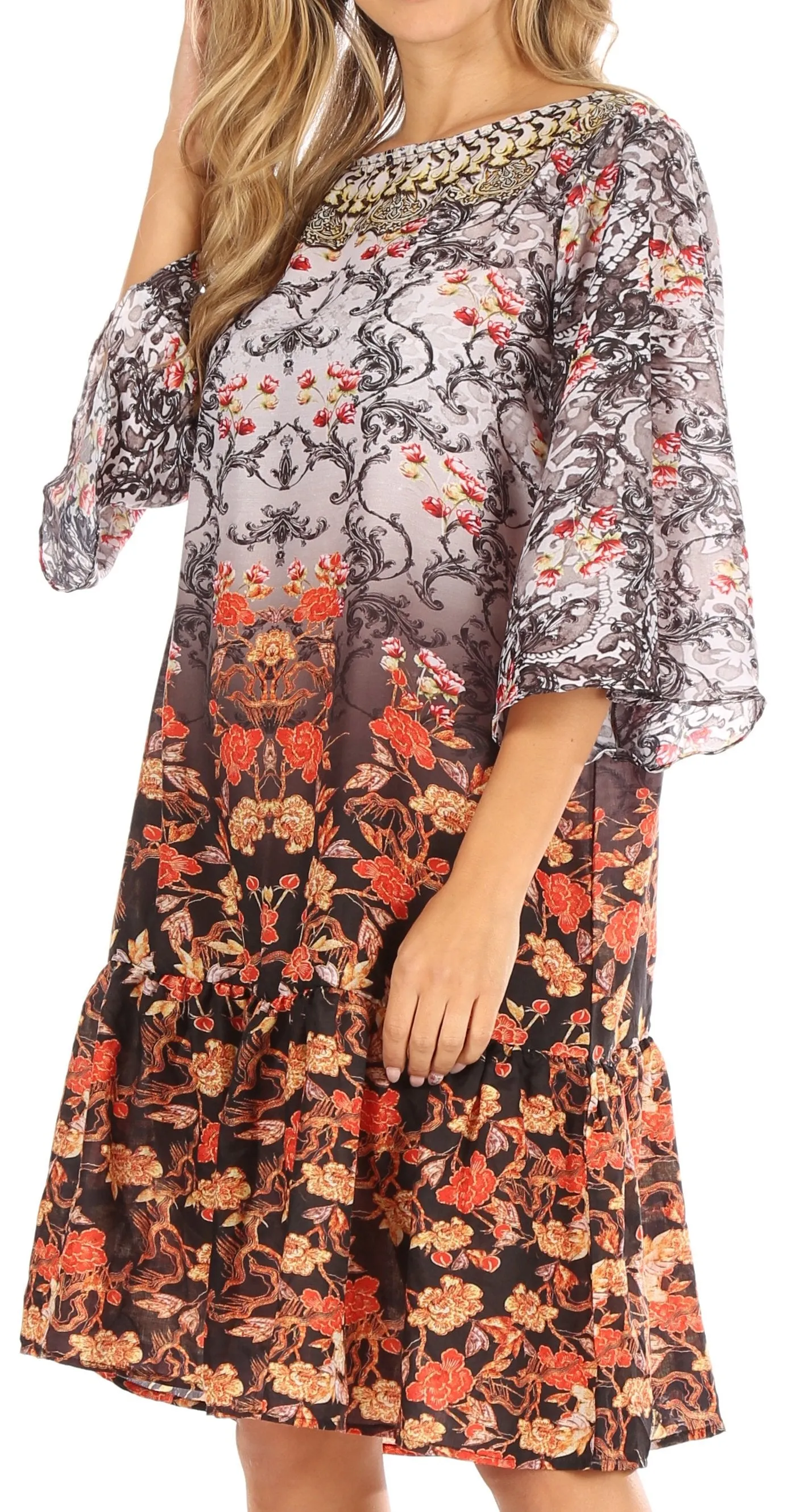 Sakkas Dona Women's Casual Swing 3/4 Sleeve Floral Print Boho Cocktail Midi Dress