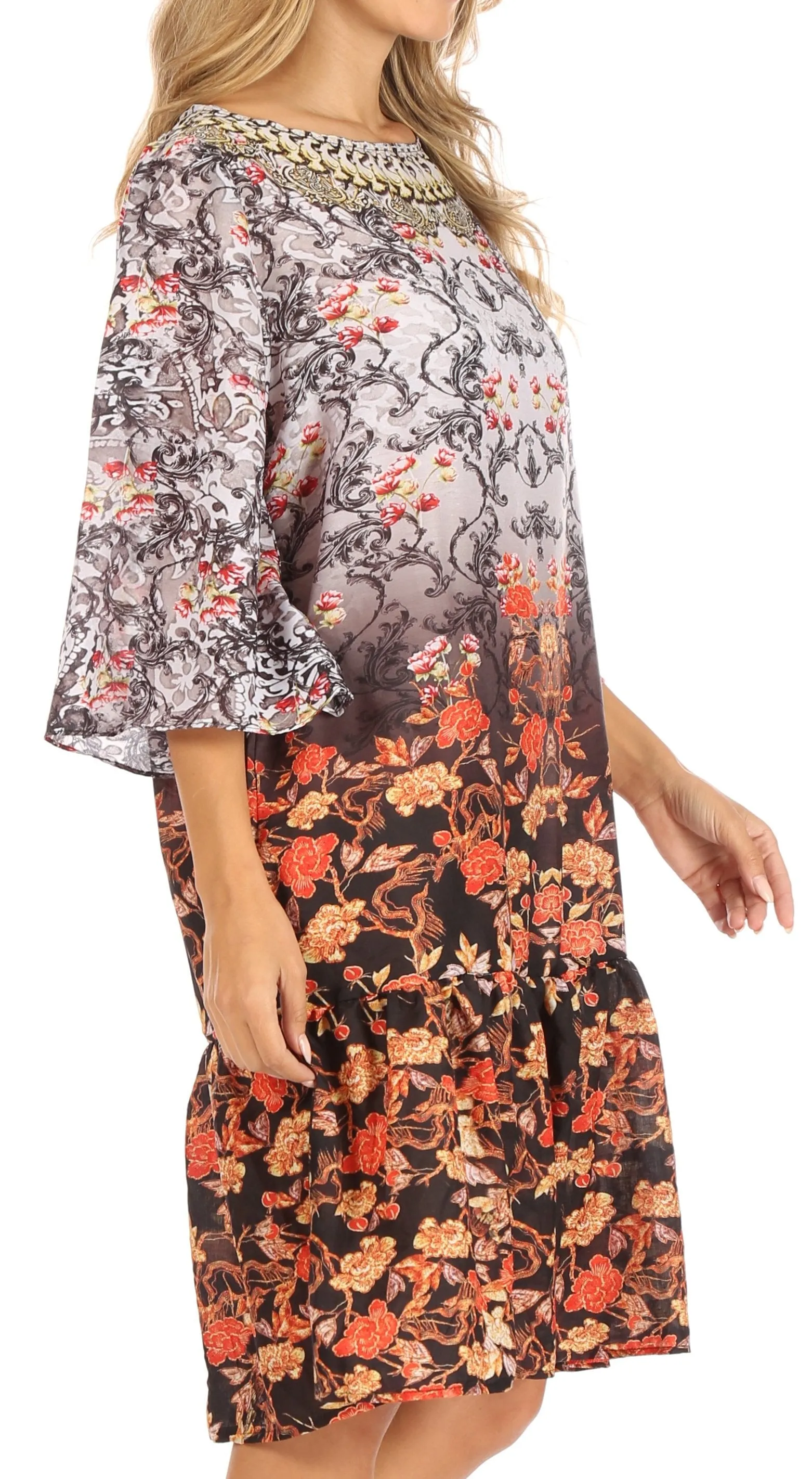 Sakkas Dona Women's Casual Swing 3/4 Sleeve Floral Print Boho Cocktail Midi Dress