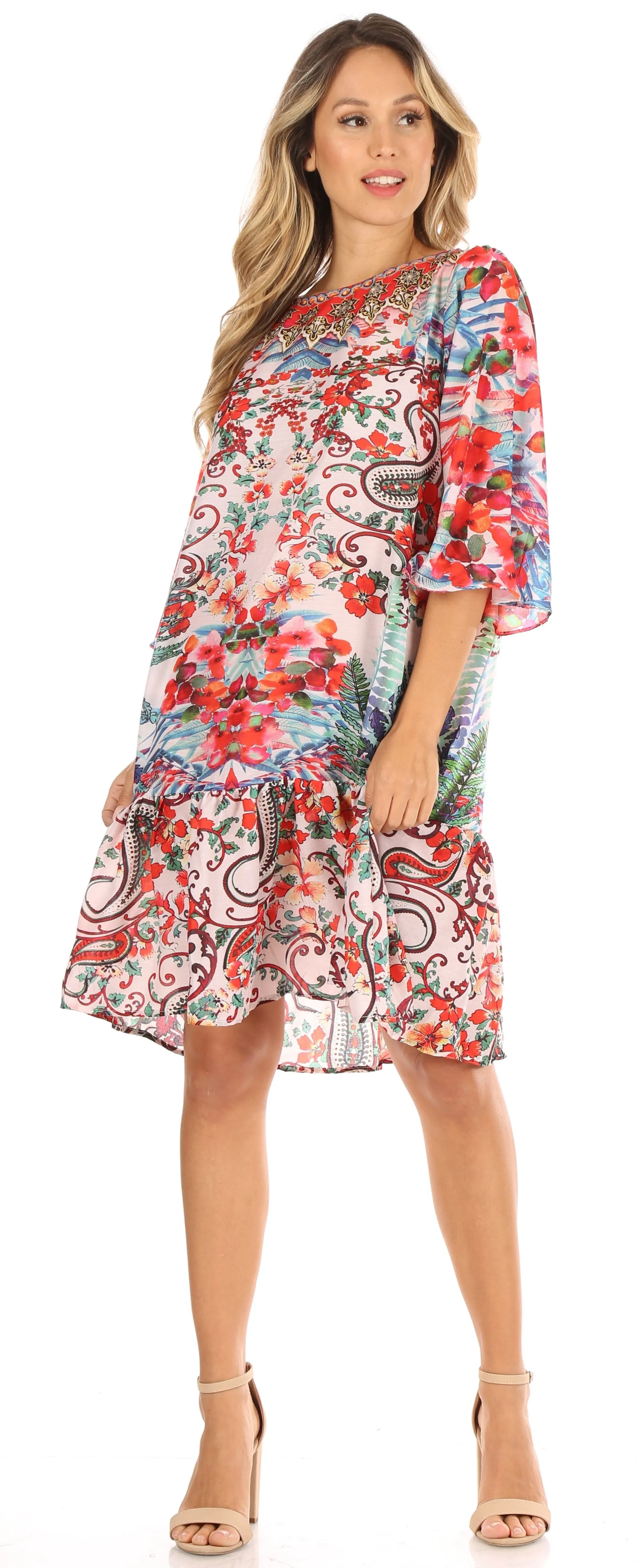 Sakkas Dona Women's Casual Swing 3/4 Sleeve Floral Print Boho Cocktail Midi Dress