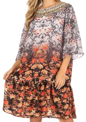 Sakkas Dona Women's Casual Swing 3/4 Sleeve Floral Print Boho Cocktail Midi Dress