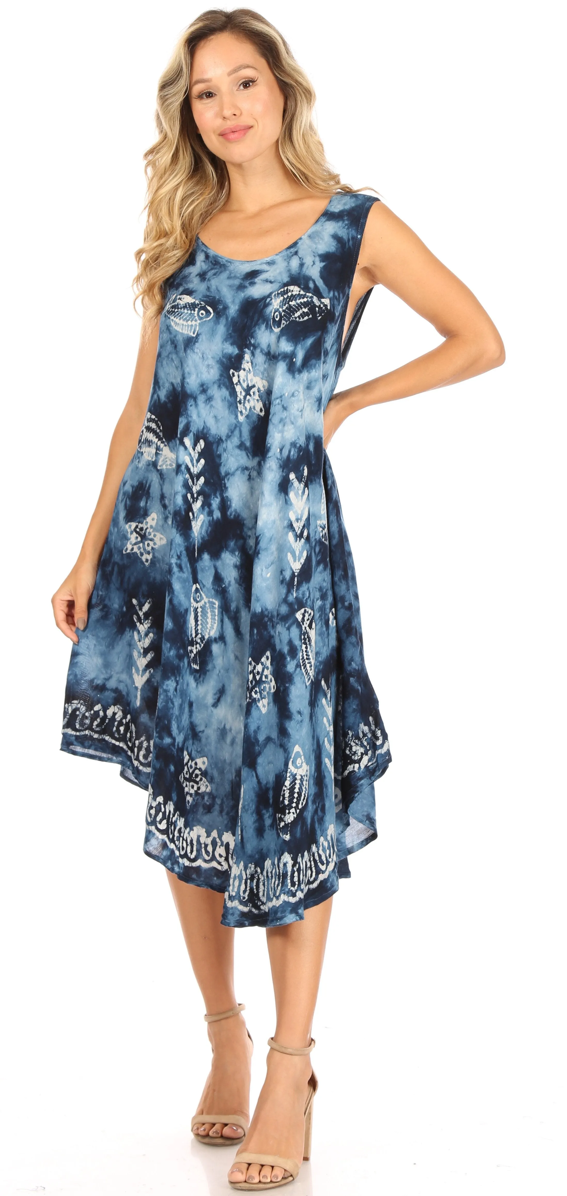 Sakkas Mara Women's Casual Sleeveless Tank Flare Midi Boho Batik Dress Cover-up