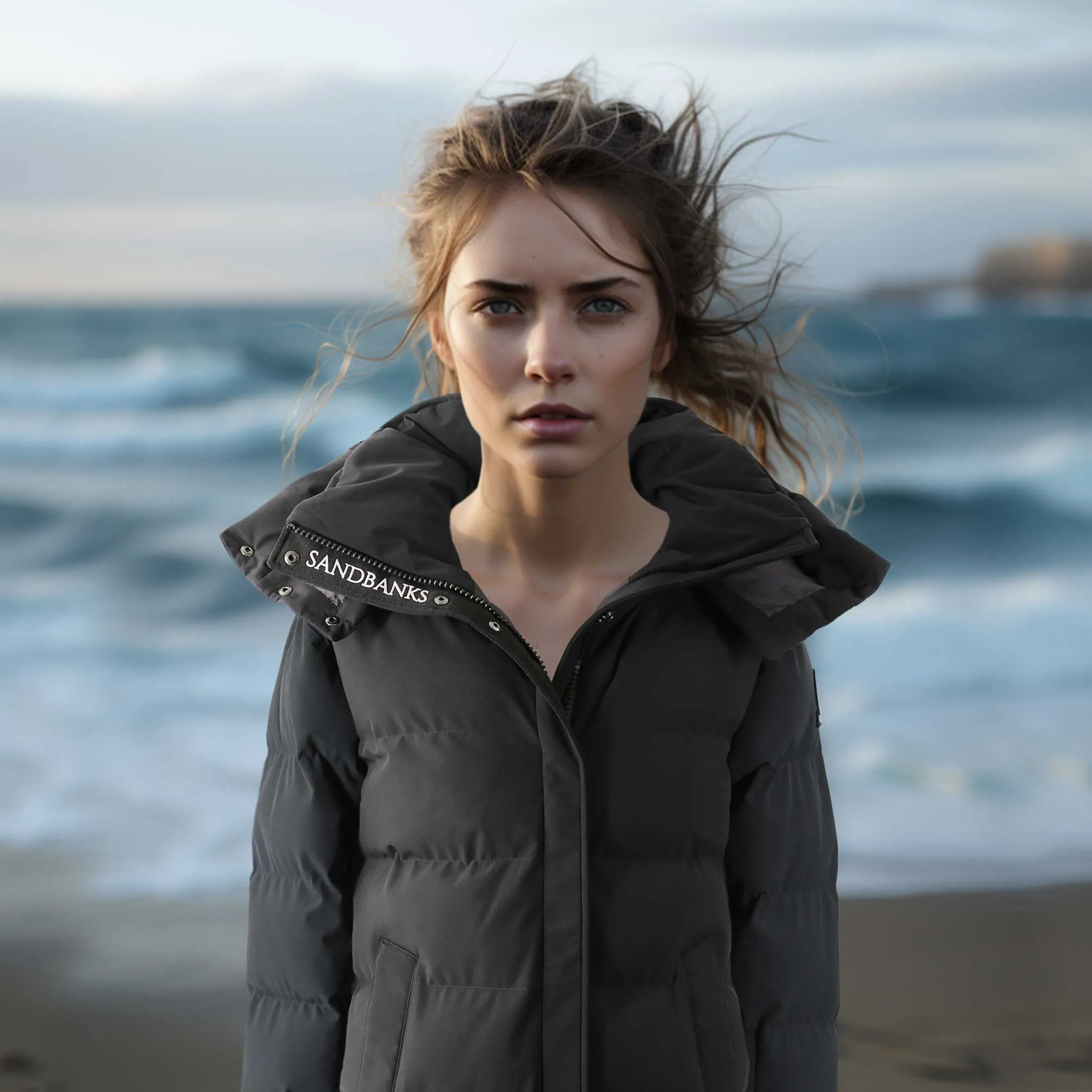 Sandbanks Haven Oversized Long Puffer Ladies Jacket in Black