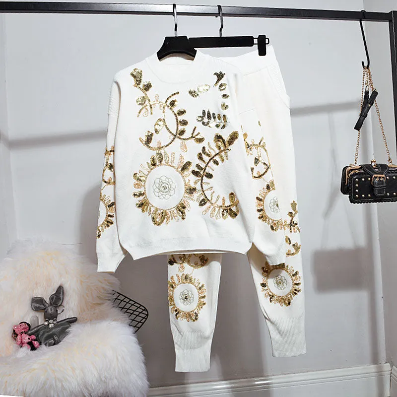 Sequined Embroidery Pullover Sweater and Knitted Pants Set