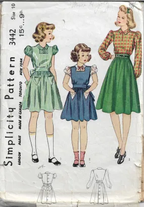 Simplicity 3442 Vintage Sewing Pattern 1940s Girls Pinafore Blouse Unprinted