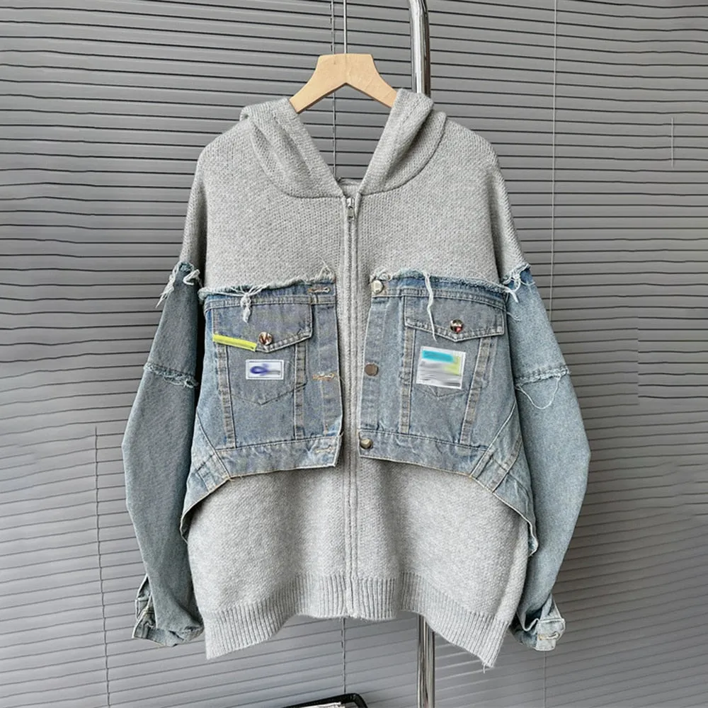 Spliced Denim Casual Coats For Women Hooded Long Sleeve Patchwork Zipper Loose Chic Coat Female Fashion Clothing