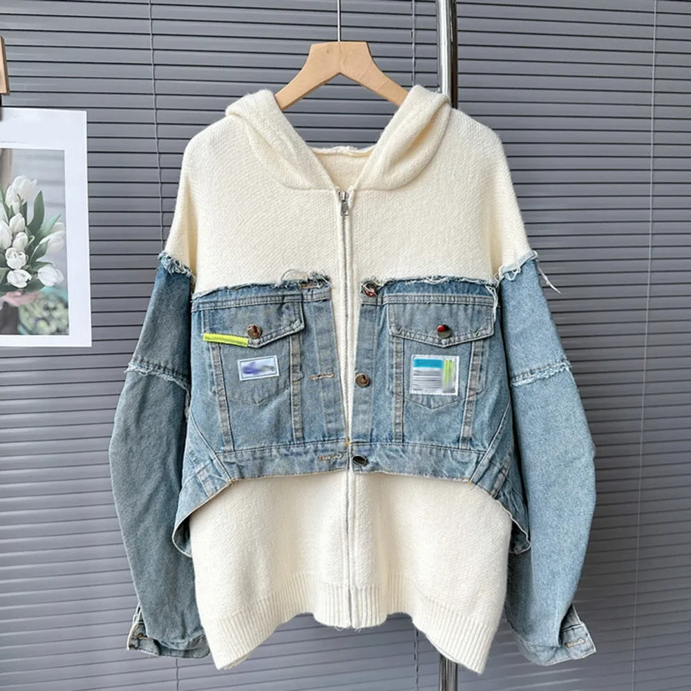 Spliced Denim Casual Coats For Women Hooded Long Sleeve Patchwork Zipper Loose Chic Coat Female Fashion Clothing