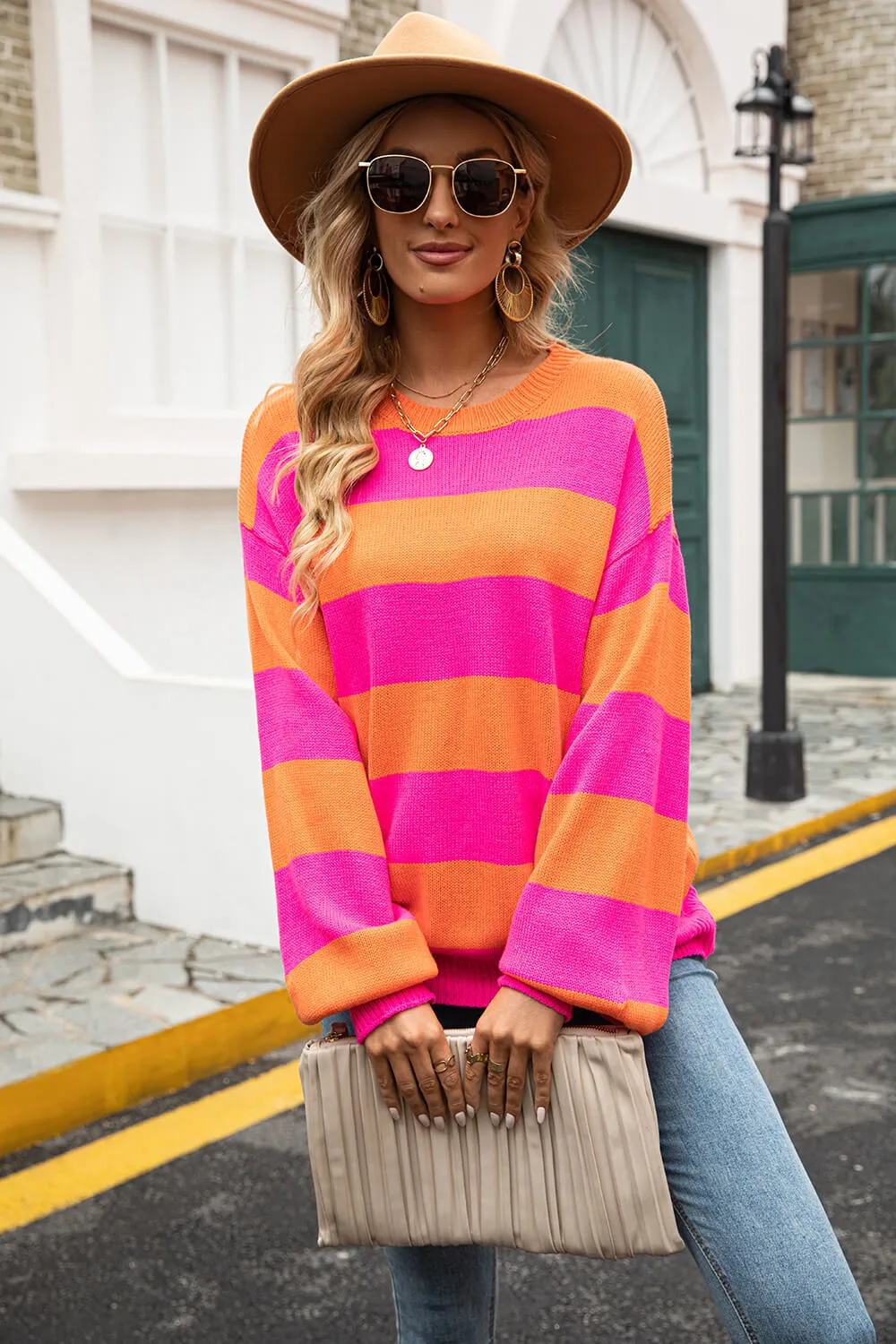 Striped Balloon Sleeve Knit Pullover