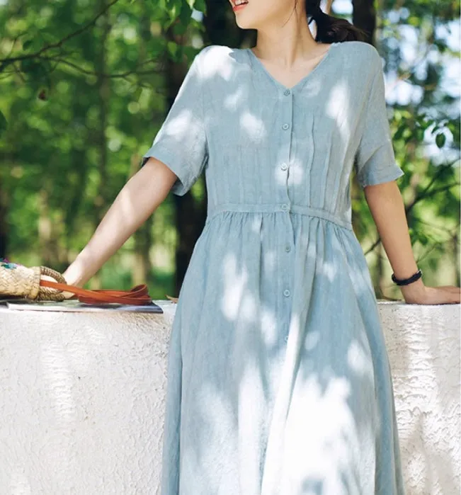 Summer Washed Soft Linen Dress Full Skirt 2211