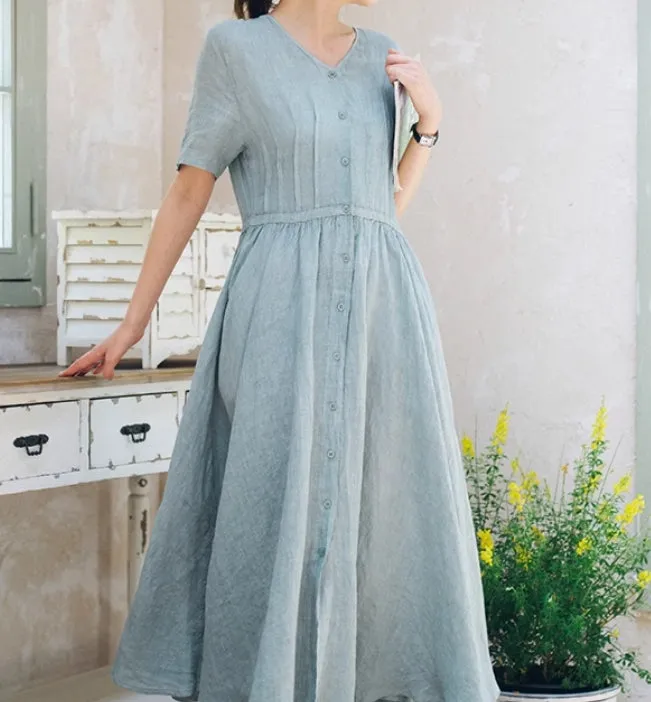 Summer Washed Soft Linen Dress Full Skirt 2211