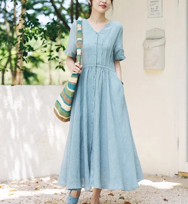 Summer Washed Soft Linen Dress Full Skirt 2211