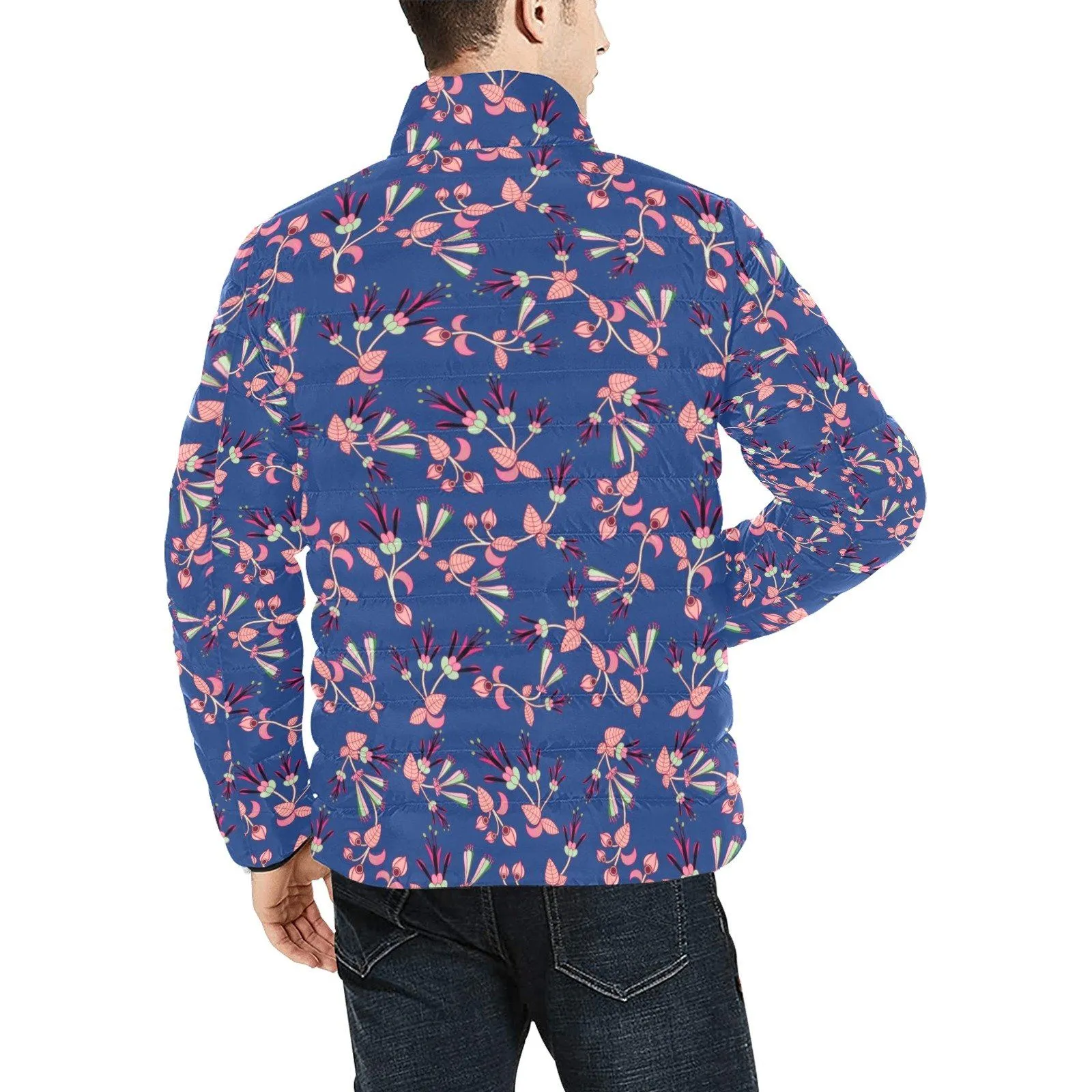 Swift Floral Peach Blue Men's Stand Collar Padded Jacket